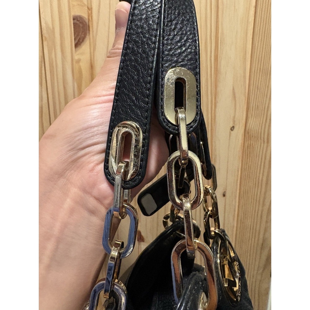 Michael Kors Black Pebbled Leather Fulton Hobo Bag Gold Chain Shoulder Purse - Picture 6 of 8